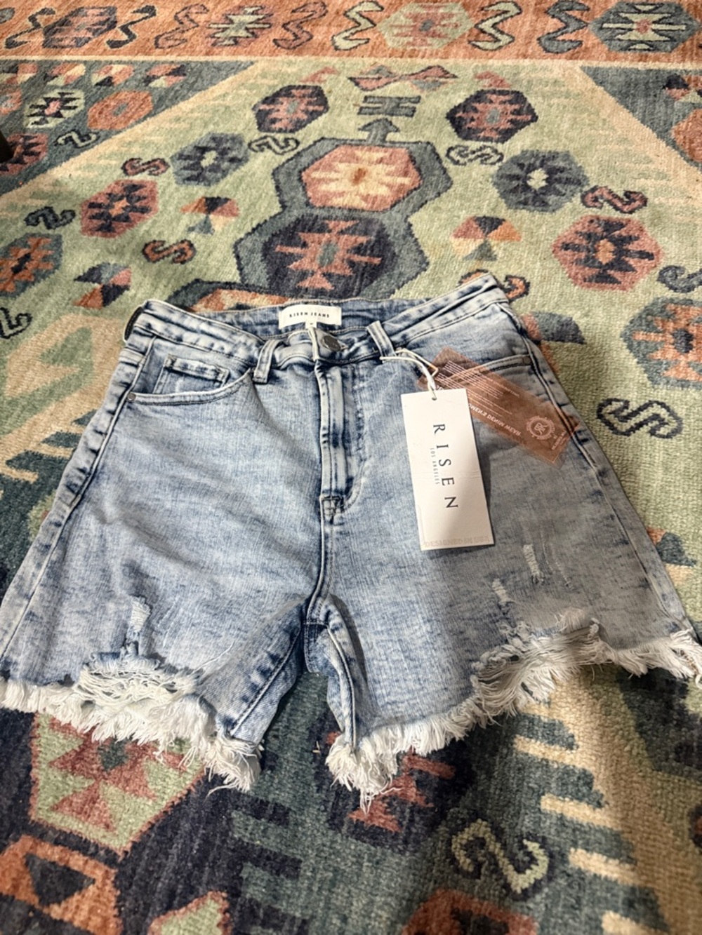 Risen Light Blue Frayed Hem High-Rise Denim Shorts